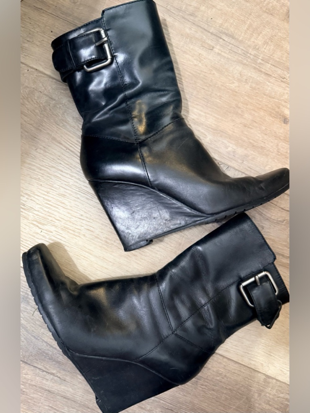 Women's Black Nine West Wedge Ankle Boots with Buckle Sz. 7M Y2K